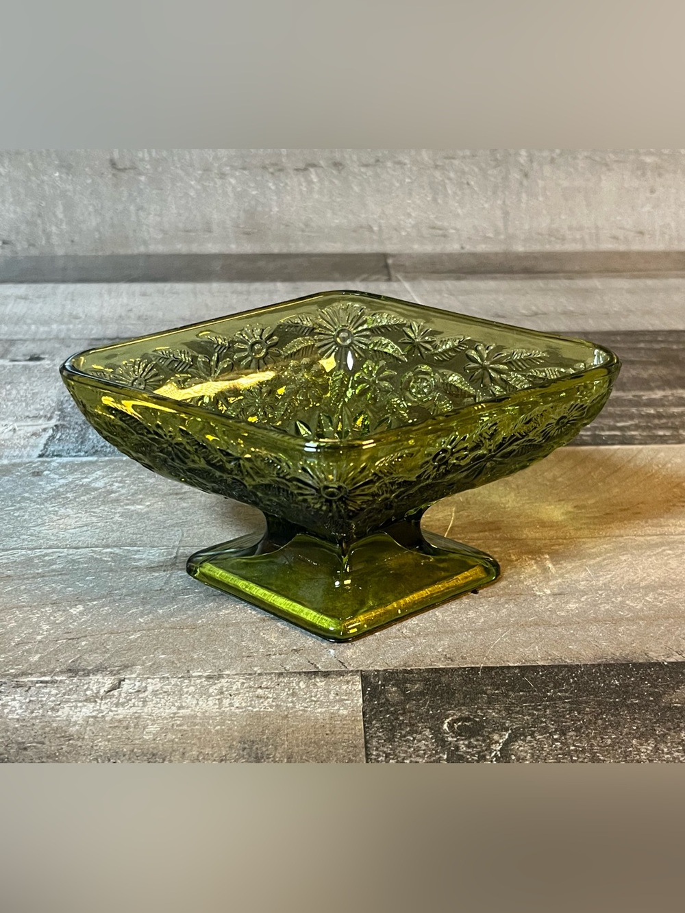 Vintage Indiana Glass Green Daisy Diamond Pedestal Candy Dish 1960s